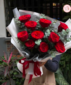 Bó hoa tone đỏ - hoa hồng mix
