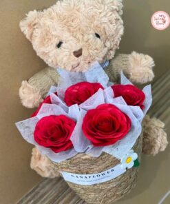 Bó hoa phối gấu bông (hoa sáp 9 lớp)